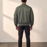 Men's Olive Bomber Jacket with Zip Sleeve Pocket, back view, full length.