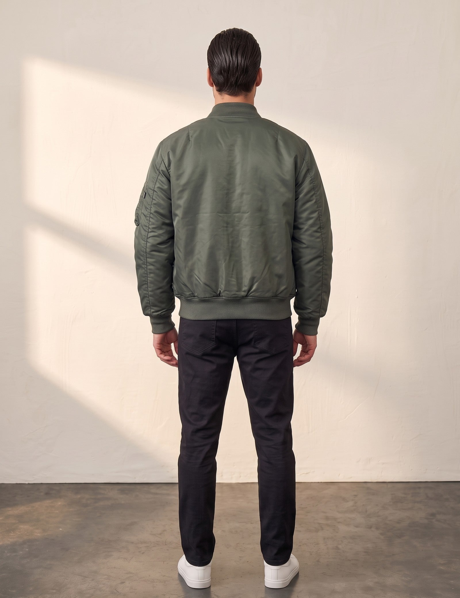 Men's Olive Bomber Jacket with Zip Sleeve Pocket, back view, full length.