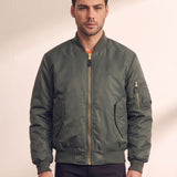 Men's Olive Bomber Jacket with Zip Sleeve Pocket, close-up of the upper body.