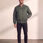 Men's Olive Bomber Jacket with Zip Sleeve Pocket, front view, full length.