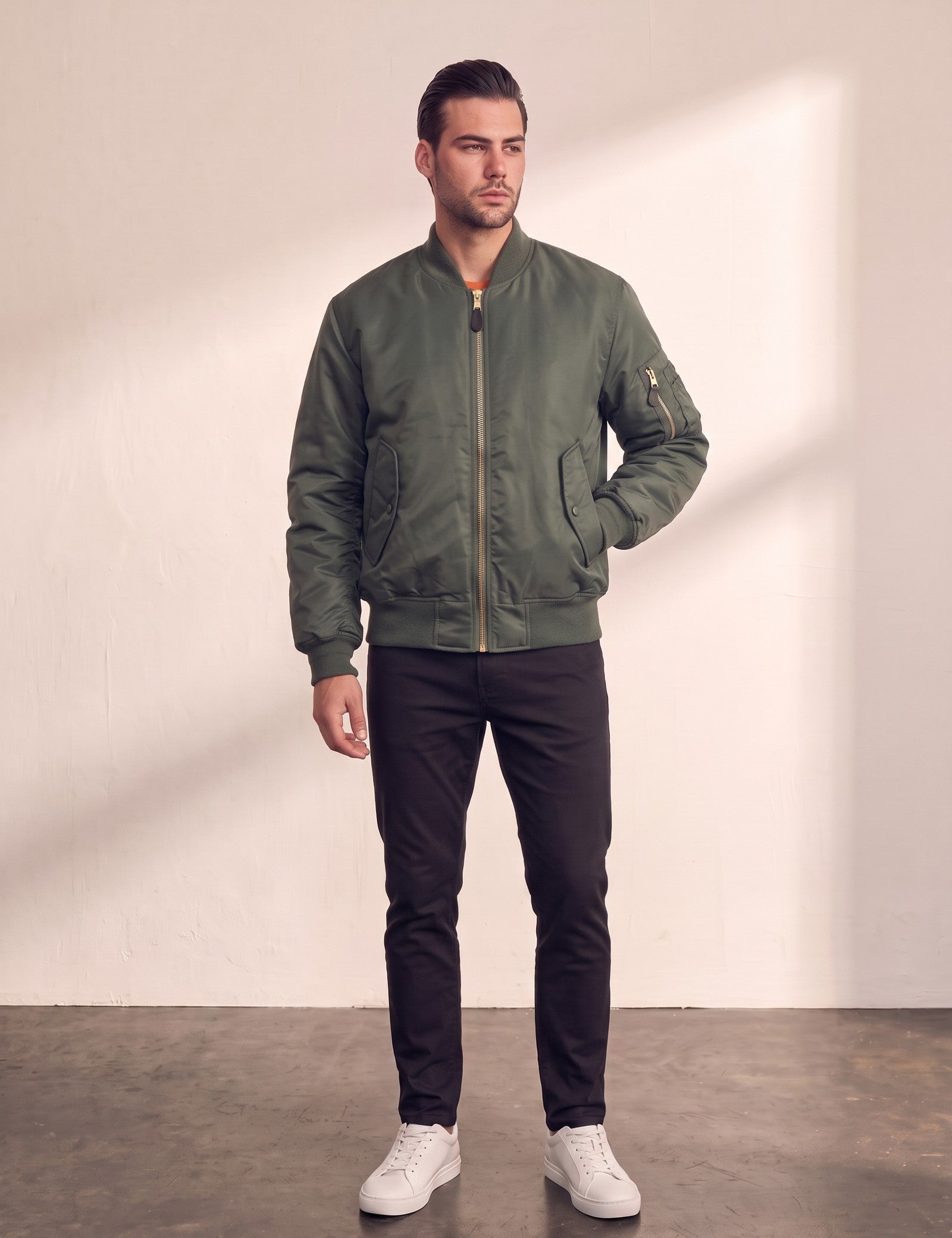 Men's Olive Bomber Jacket with Zip Sleeve Pocket, front view, full length.