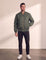 Men's Olive Bomber Jacket with Zip Sleeve Pocket, front view, full length.