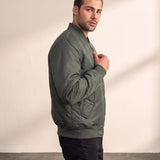 Men's Olive Bomber Jacket with Zip Sleeve Pocket, side view, full length.