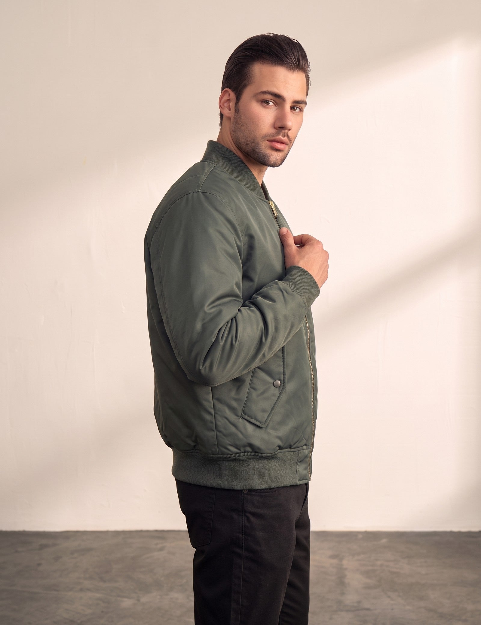 Men's Olive Bomber Jacket with Zip Sleeve Pocket, side view, full length.