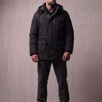 Men's Anthracite Hooded Padded Parka with Pockets, front view, full length.