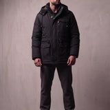 Men's Anthracite Hooded Padded Parka with Pockets, front view, full length.