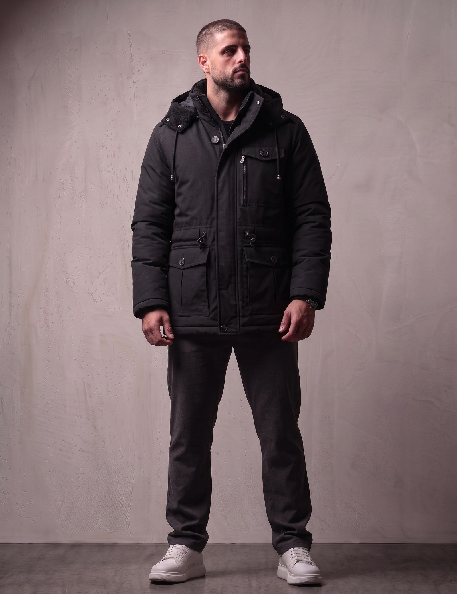Men's Anthracite Hooded Padded Parka with Pockets, front view, full length.