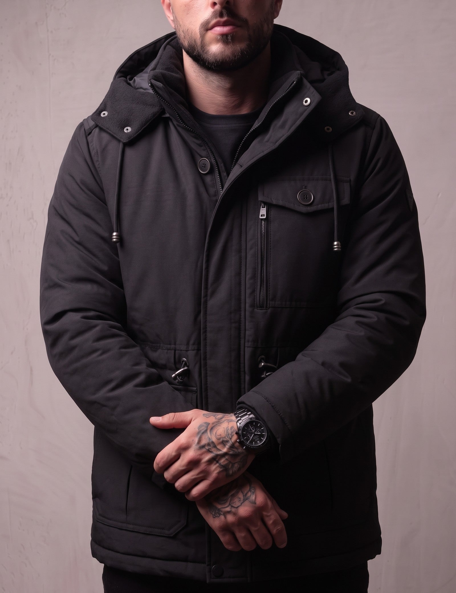Men's Anthracite Hooded Padded Parka with Pockets, close-up of the upper body.