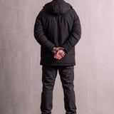 Men's Anthracite Hooded Padded Parka with Pockets, back view, full length.