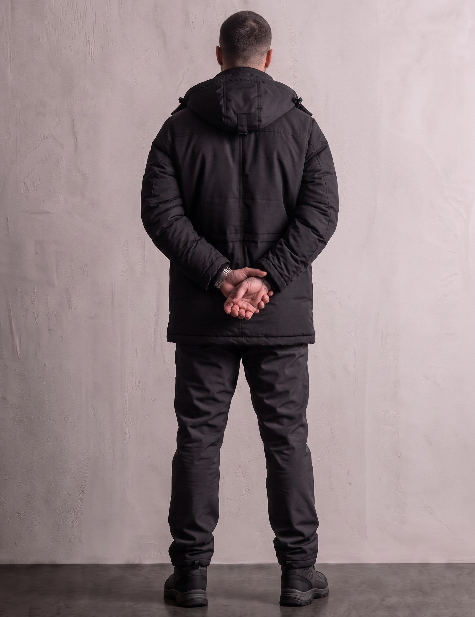 Men's Anthracite Hooded Padded Parka with Pockets, back view, full length.