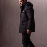 Men's Anthracite Hooded Padded Parka with Pockets, side view, full length.