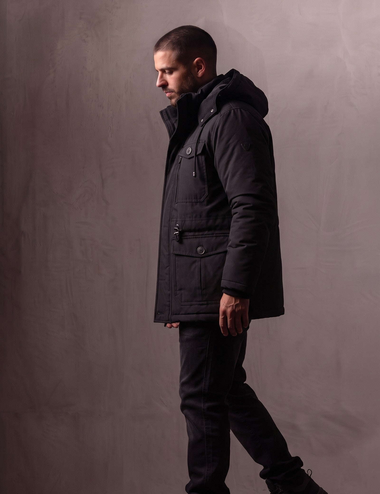 Men's Anthracite Hooded Padded Parka with Pockets, side view, full length.