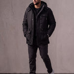Men's Anthracite Hooded Padded Parka with Pockets, three-quarter view from the right, full length.