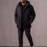 Men's Anthracite Hooded Padded Parka with Pockets, three-quarter view from the right, full length.