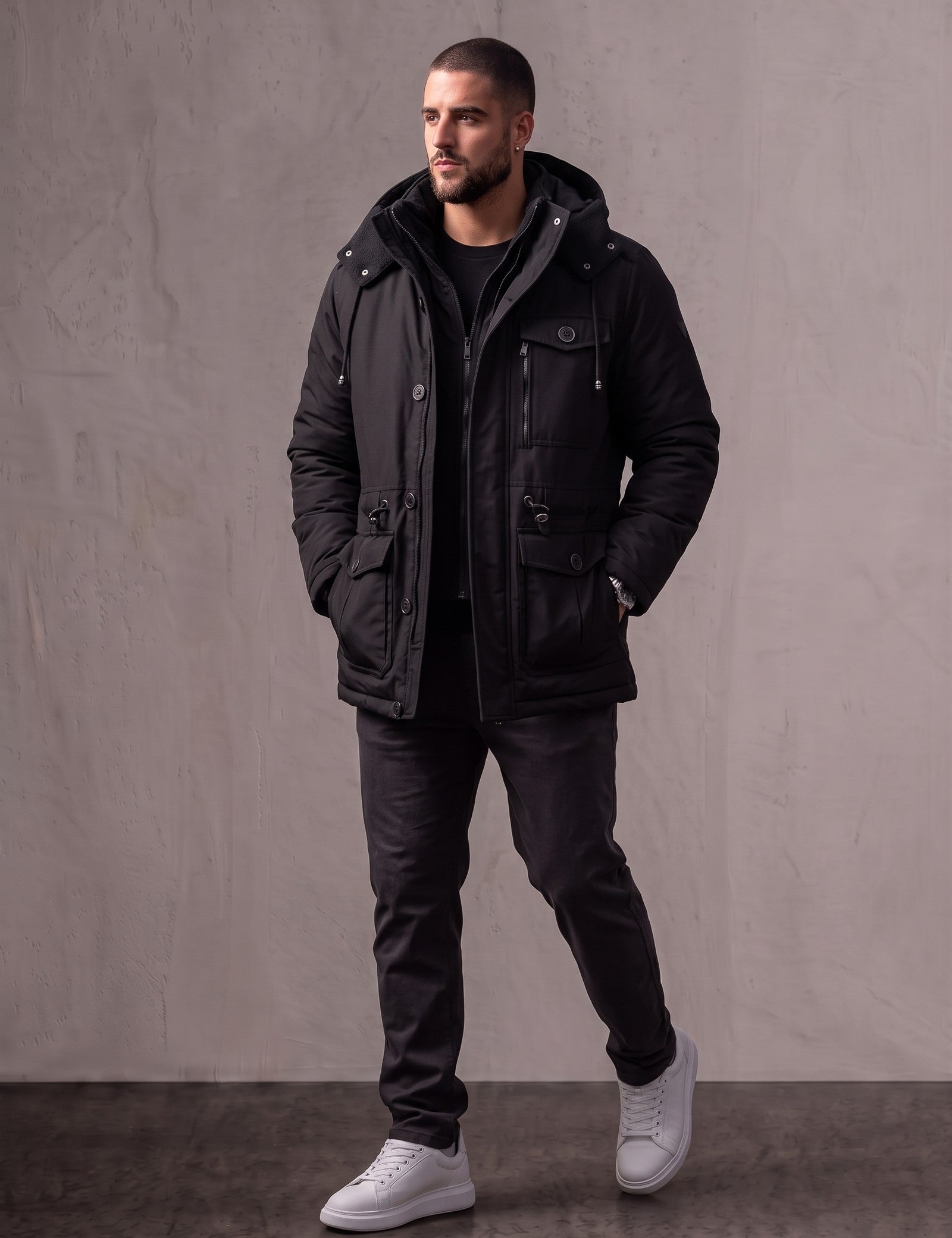 Men's Anthracite Hooded Padded Parka with Pockets, three-quarter view from the right, full length.