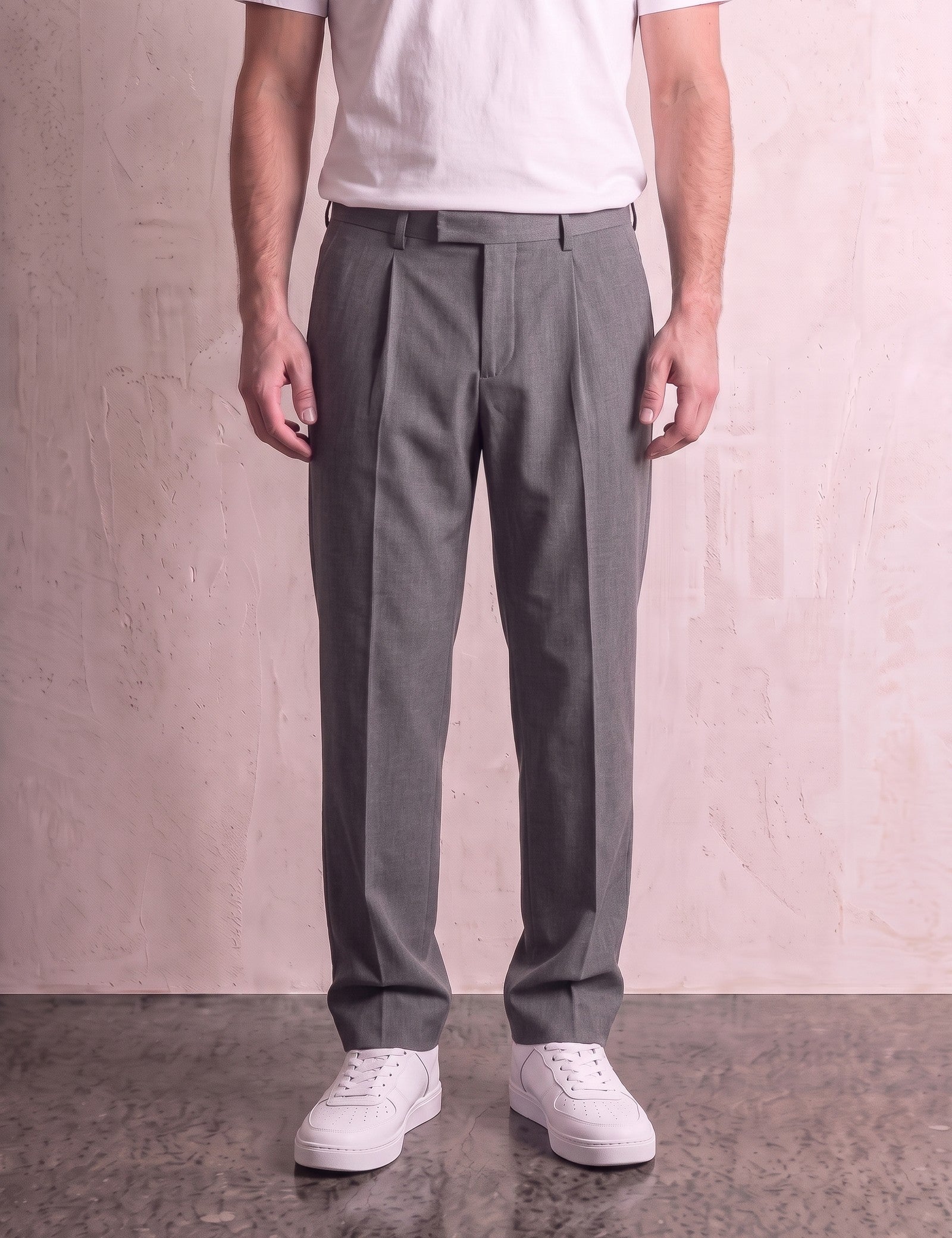 Men's Anthracite Pleated Straight-Leg Suit Trousers, front view from the waist down.