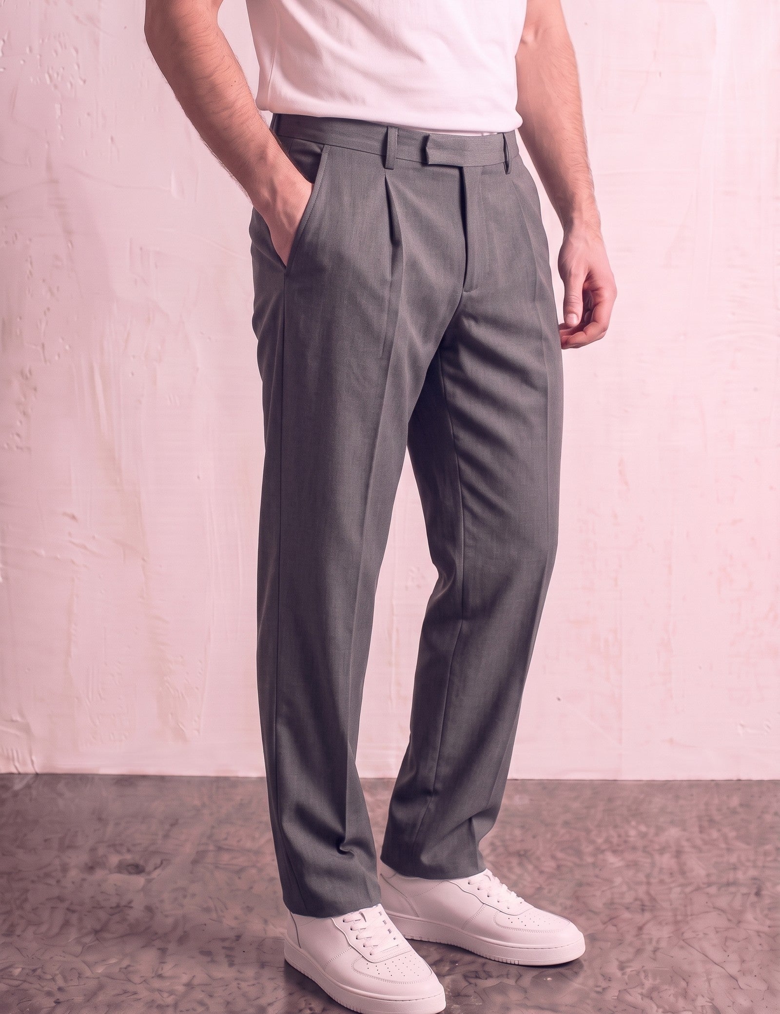 Men's Anthracite Pleated Straight-Leg Suit Trousers, three-quarter view from the waist down.