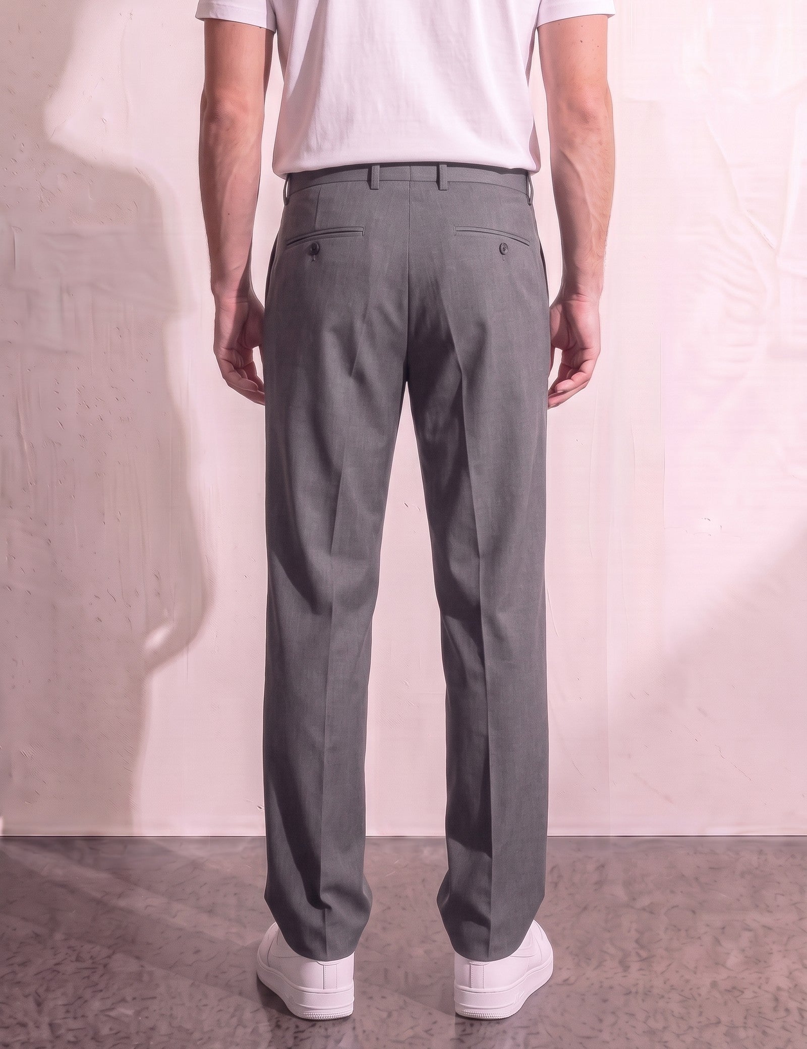 Men's Anthracite Pleated Straight-Leg Suit Trousers, back view from the waist down.