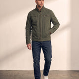 Men's Anthracite Stand Collar Jacket with Zip Pockets, front view, full length.