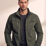 Men's Anthracite Stand Collar Jacket with Zip Pockets, close-up of the upper body.