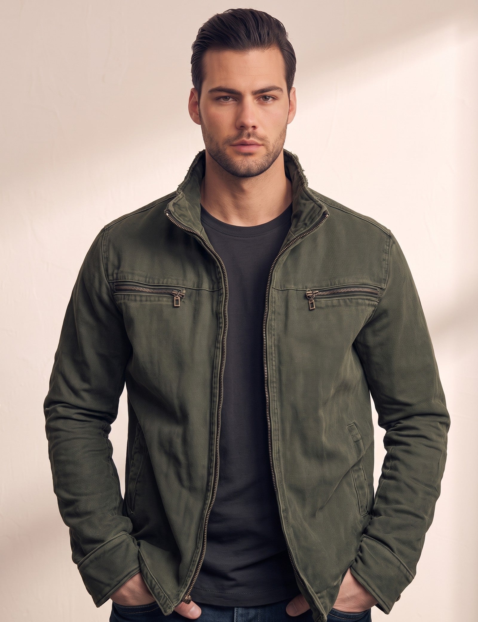 Men's Anthracite Stand Collar Jacket with Zip Pockets, close-up of the upper body.