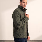 Men's Anthracite Stand Collar Jacket with Zip Pockets, side view, full length.