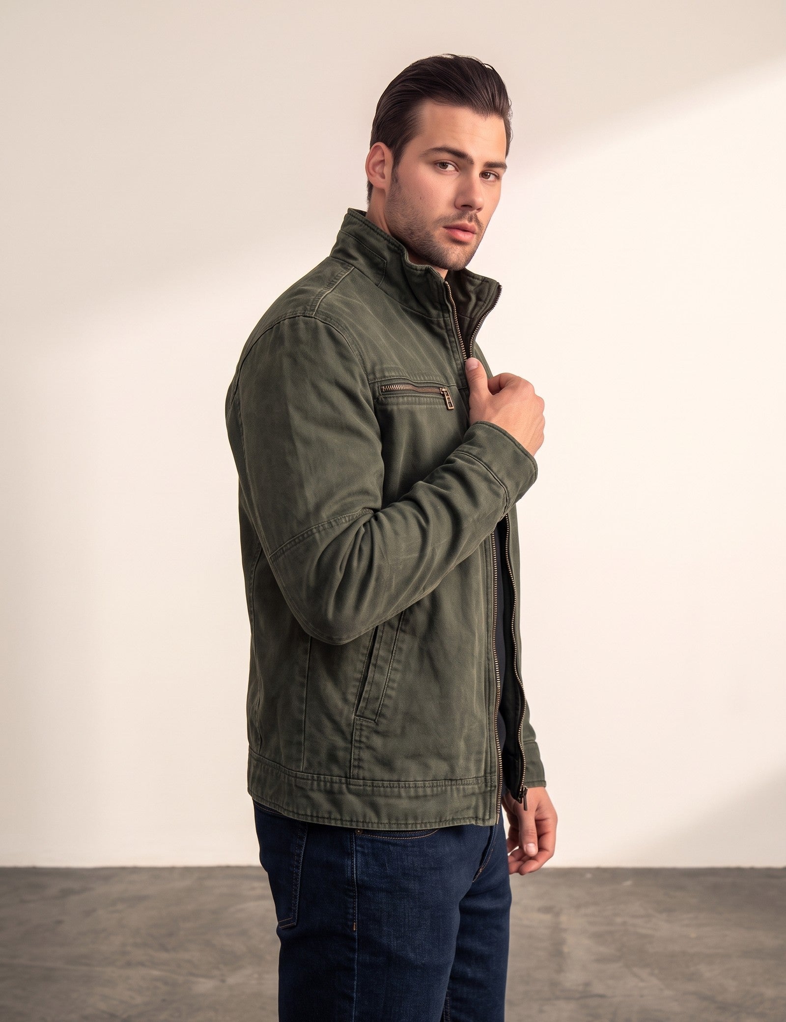 Men's Anthracite Stand Collar Jacket with Zip Pockets, side view, full length.