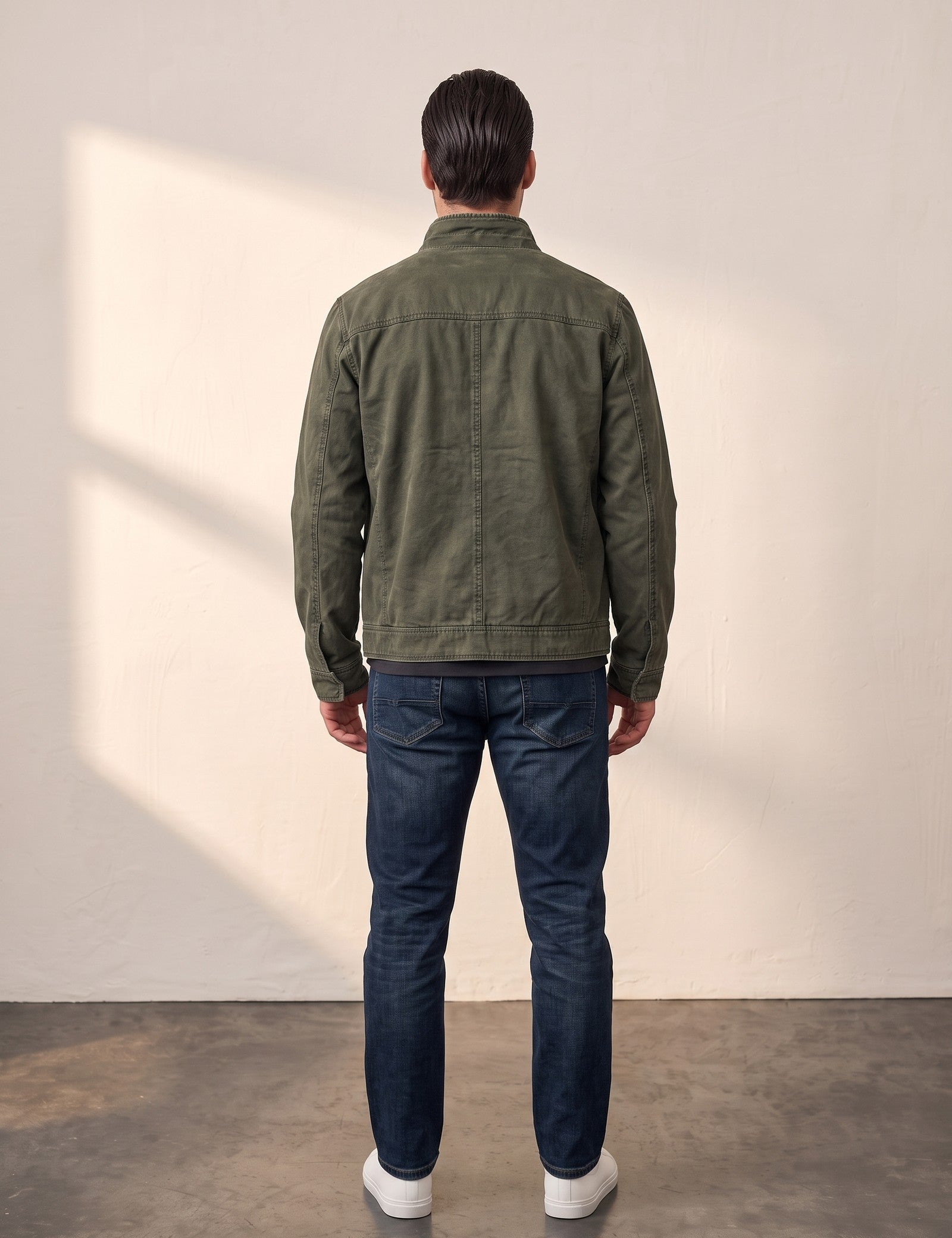 Men's Anthracite Stand Collar Jacket with Zip Pockets, back view, full length.