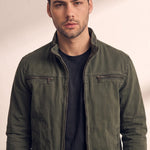 Men's Anthracite Stand Collar Jacket with Zip Pockets, close-up of the upper body.