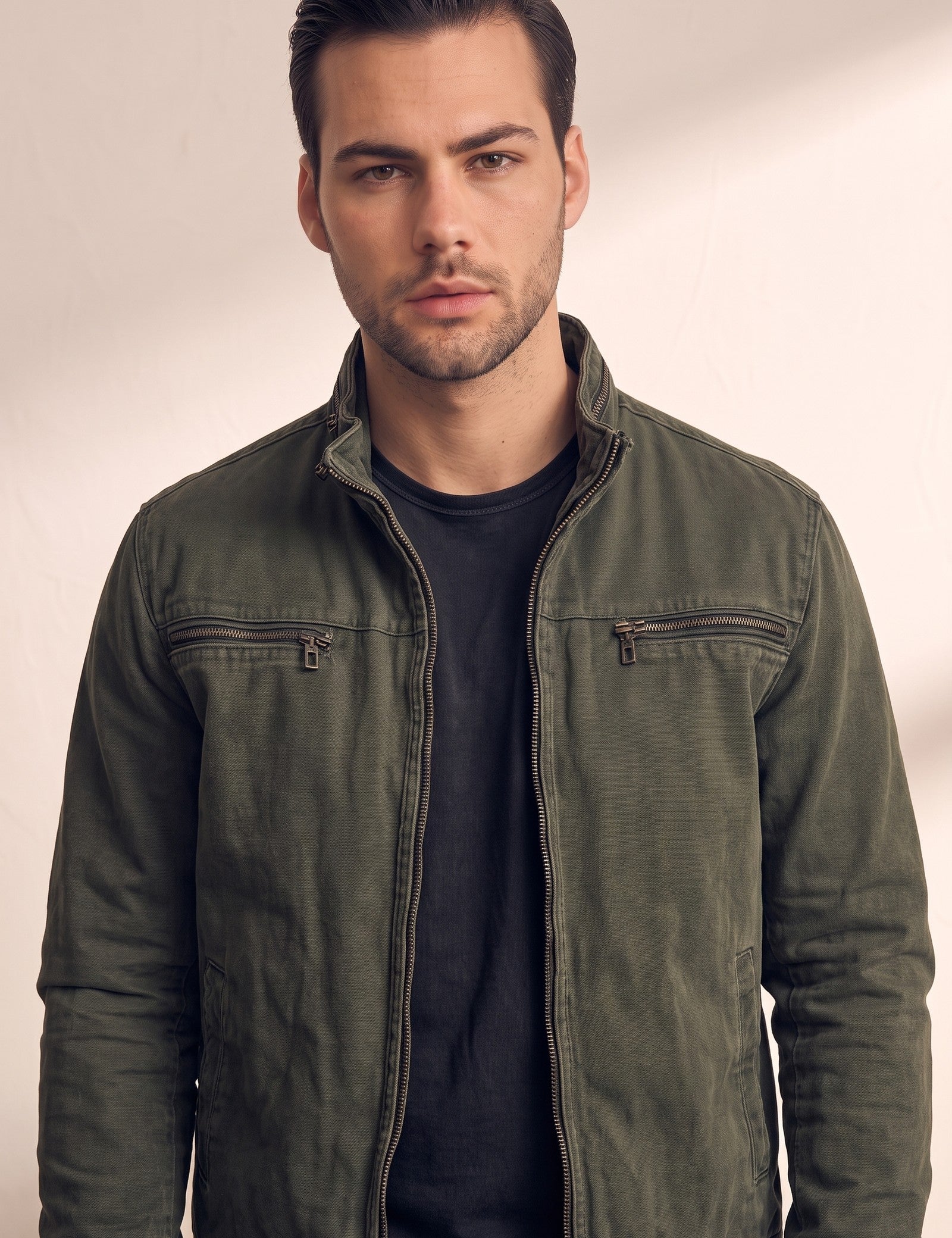 Men's Anthracite Stand Collar Jacket with Zip Pockets, close-up of the upper body.