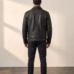 Men's Black Grained Snap-Button Jacket with Chest Pockets, back view, full length.