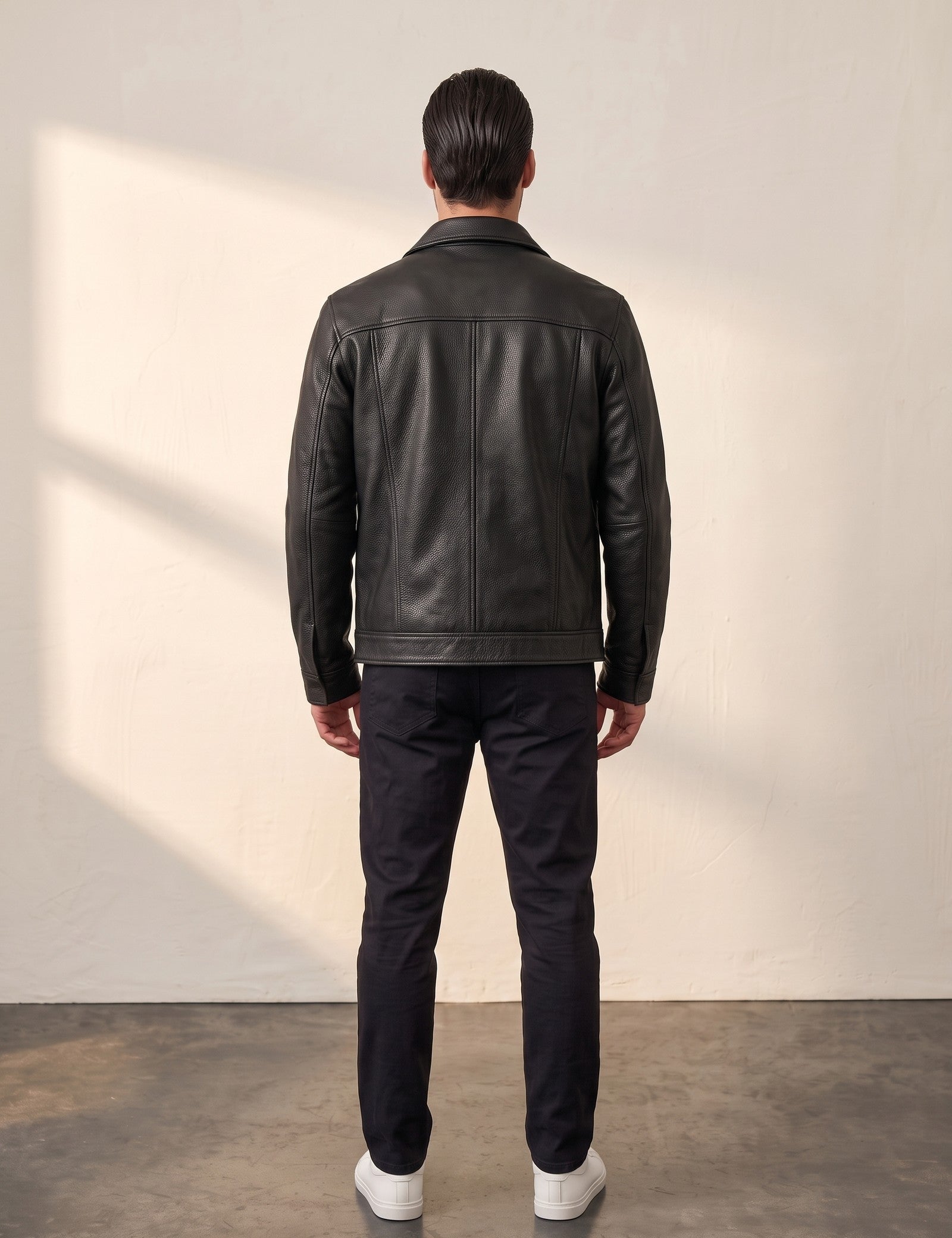Men's Black Grained Snap-Button Jacket with Chest Pockets, back view, full length.