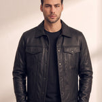Men's Black Grained Snap-Button Jacket with Chest Pockets, close-up of the upper body.