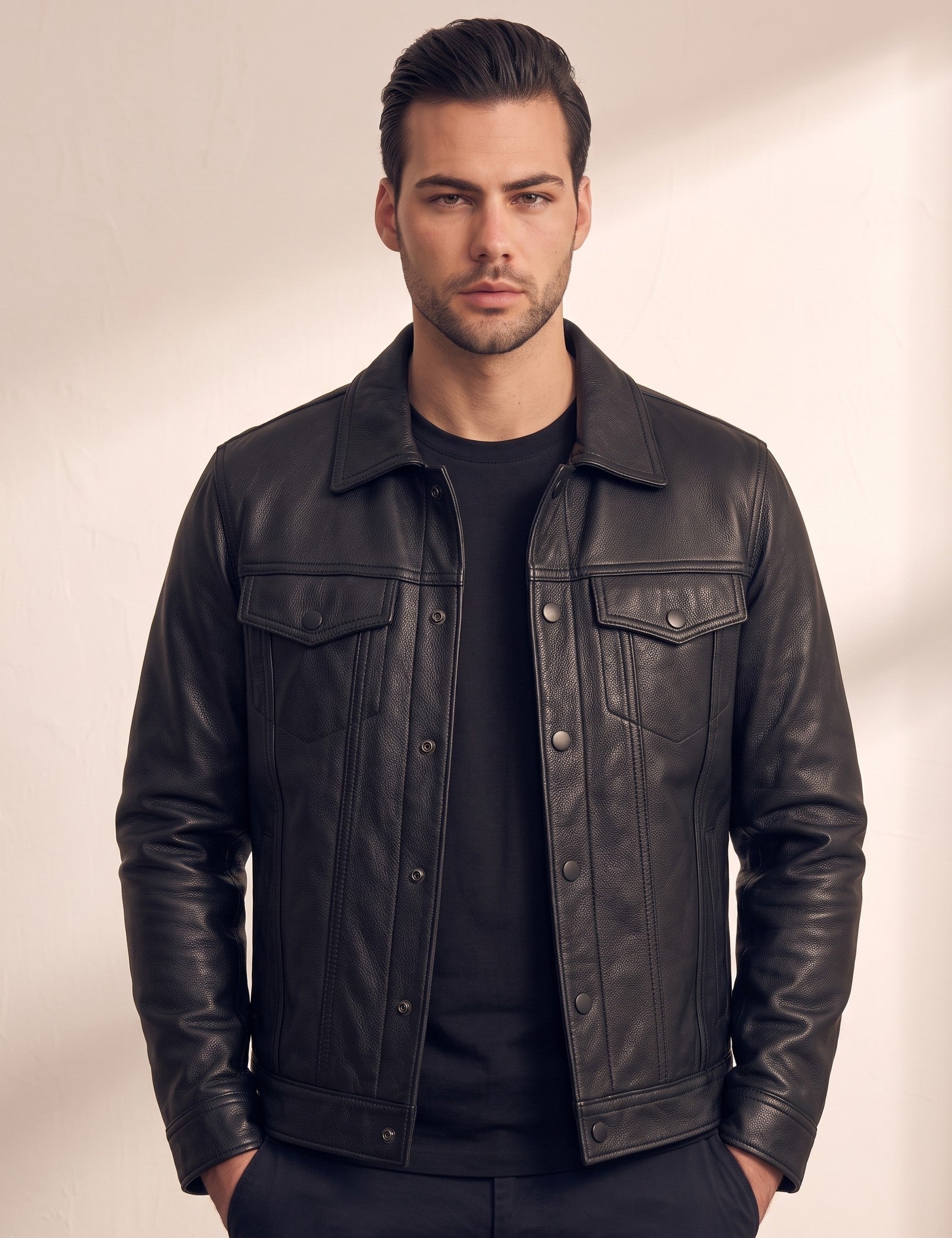 Men's Black Grained Snap-Button Jacket with Chest Pockets, close-up of the upper body.