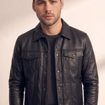 Men's Black Grained Snap-Button Jacket with Chest Pockets, close-up of the upper body.