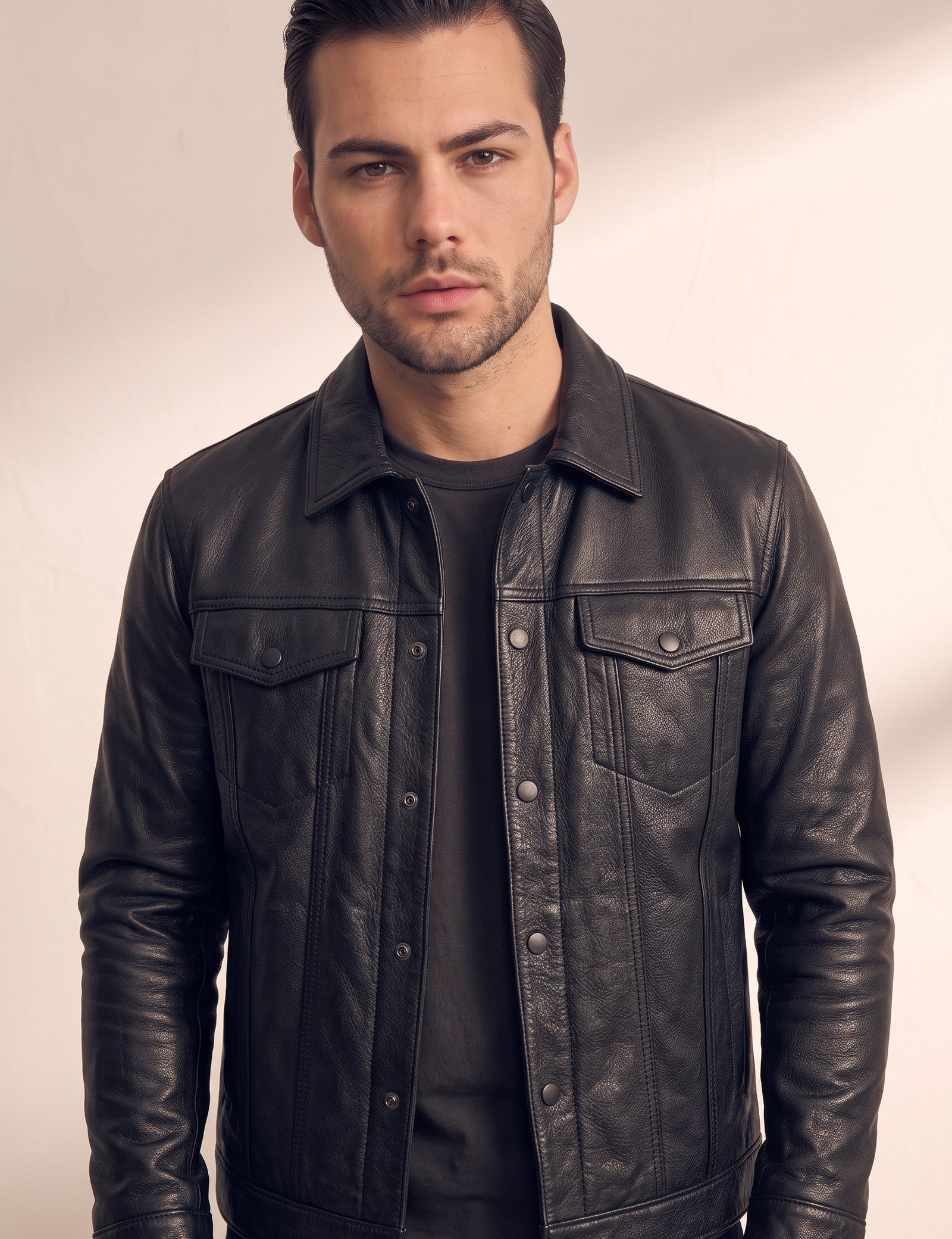 Men's Black Grained Snap-Button Jacket with Chest Pockets, close-up of the upper body.