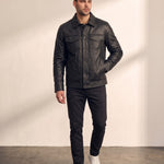 Men's Black Grained Snap-Button Jacket with Chest Pockets, front view, full length.
