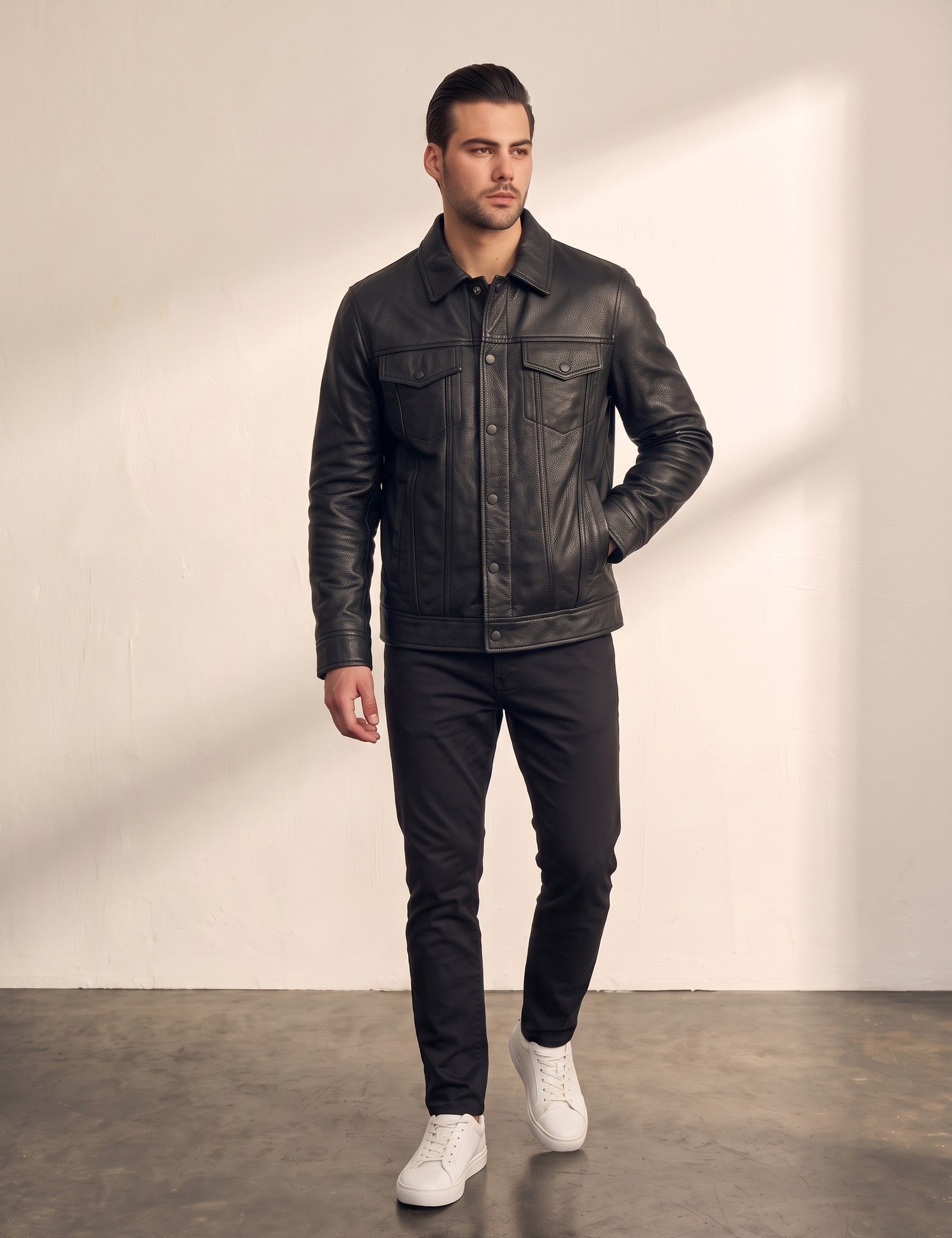 Men's Black Grained Snap-Button Jacket with Chest Pockets, front view, full length.