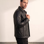 Men's Black Grained Snap-Button Jacket with Chest Pockets, side view, full length.