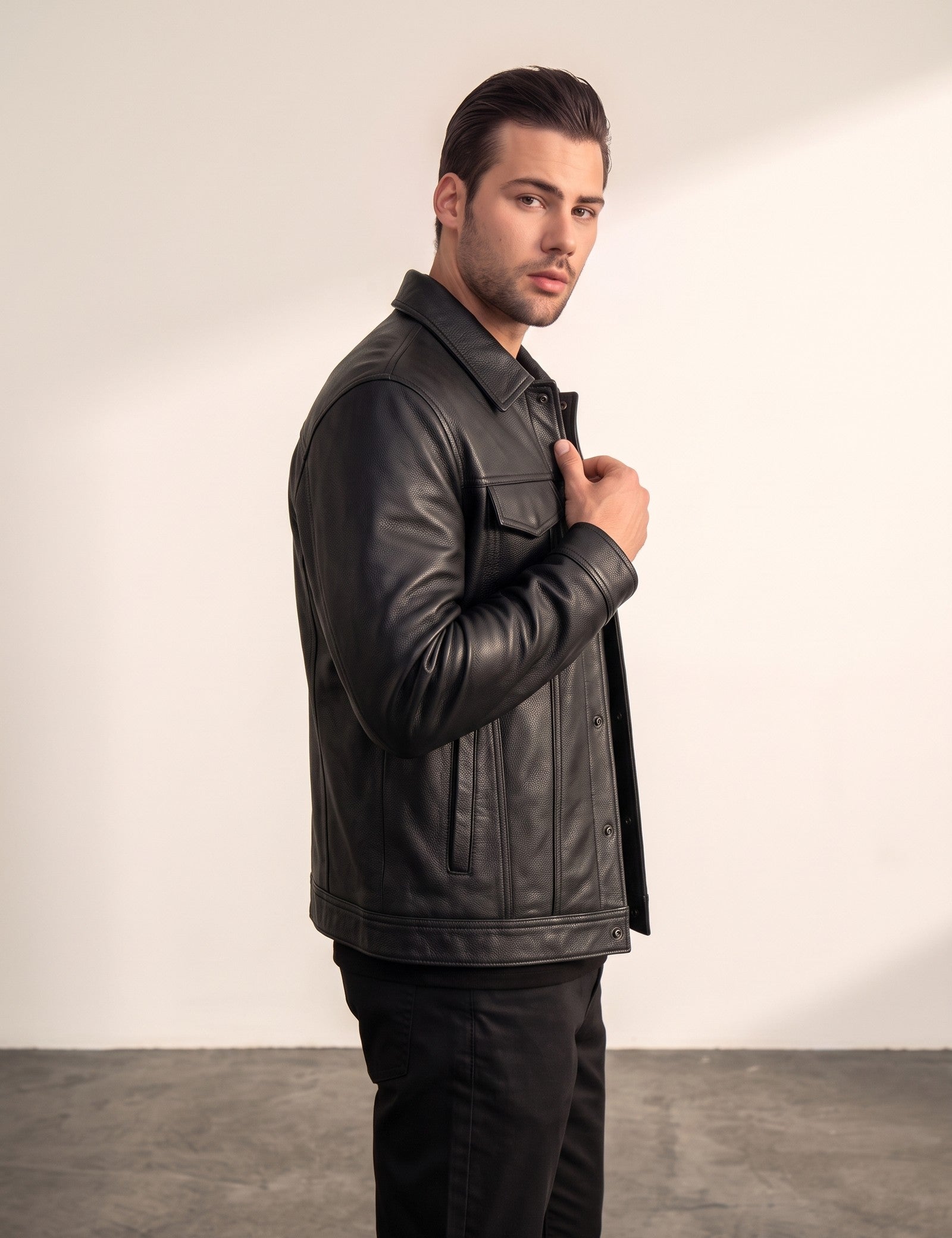 Men's Black Grained Snap-Button Jacket with Chest Pockets, side view, full length.