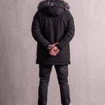 Men's Black Hooded Parka with Fur-Effect Trim, back view, full length.