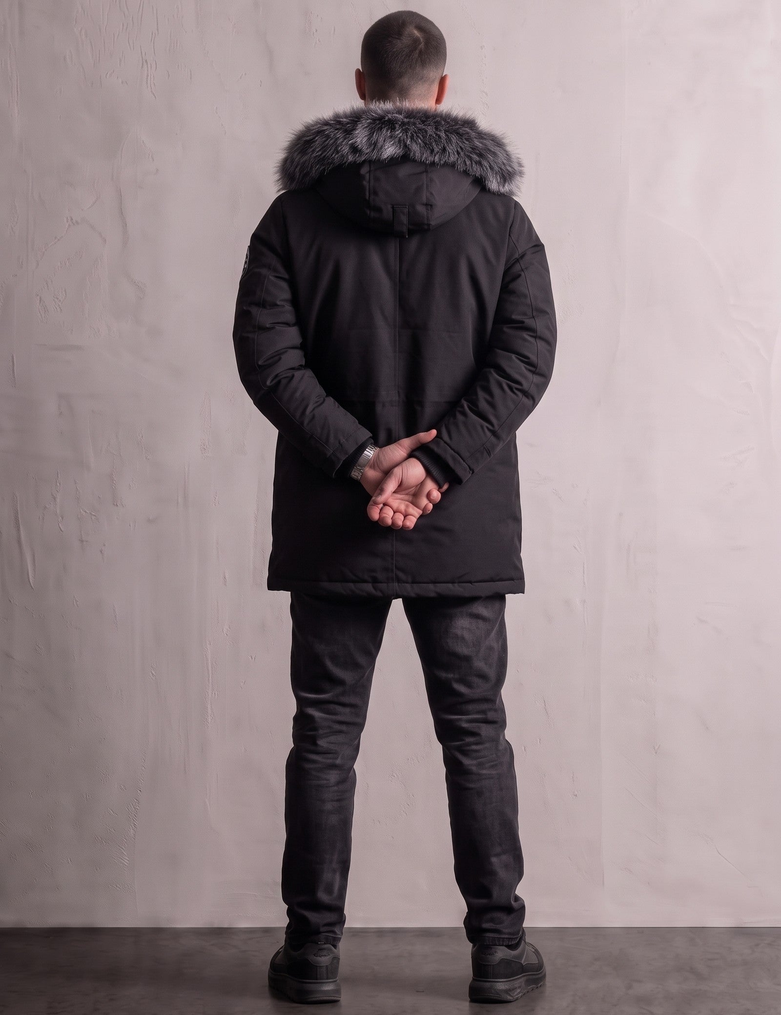 Men's Black Hooded Parka with Fur-Effect Trim, back view, full length.