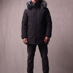 Men's Black Hooded Parka with Fur-Effect Trim, front view, full length.