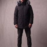 Men's Black Hooded Parka with Fur-Effect Trim, front view, full length.
