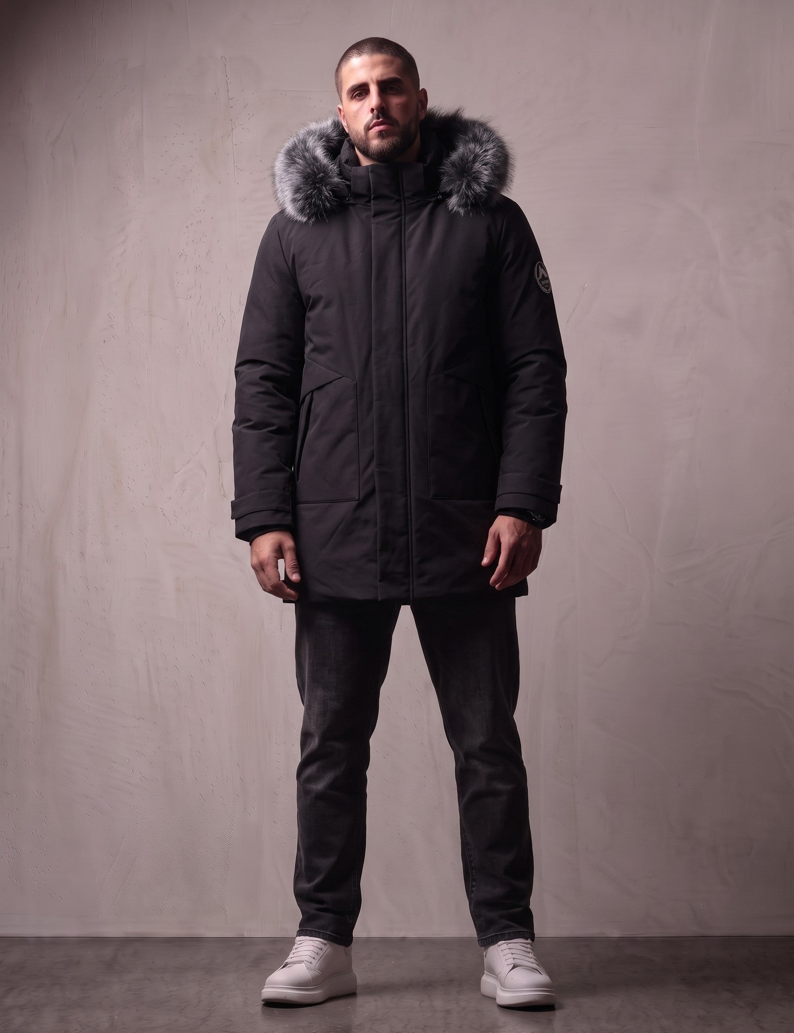 Men's Black Hooded Parka with Fur-Effect Trim, front view, full length.
