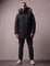 Men's Black Hooded Parka with Fur-Effect Trim, front view, full length.