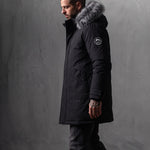 Men's Black Hooded Parka with Fur-Effect Trim, side view, full length.