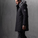 Men's Black Hooded Parka with Fur-Effect Trim, side view, full length.