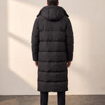 Men's Black Longline Hooded Puffer Coat, back view, full length.