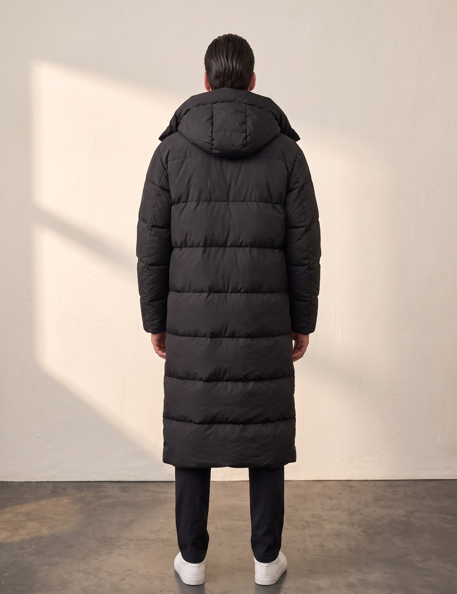 Men's Black Longline Hooded Puffer Coat, back view, full length.